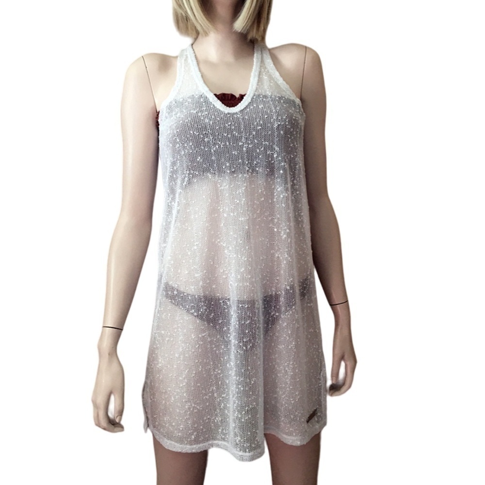 CALVIN Klein Sequin Swimsuit Bikini Coverup White V-Neck Shift Racerback Tank